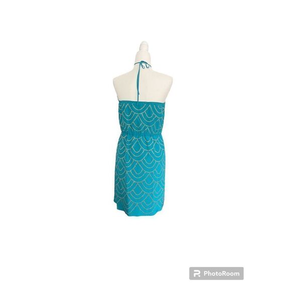 Trina Turk Silk Turquoise Gold Studded Halter Dress Size 6 - Picture 3 of 7